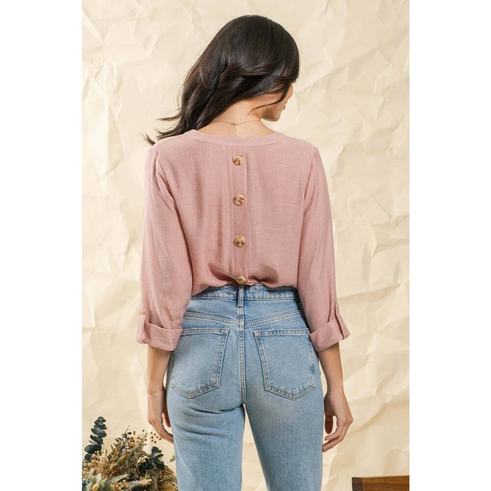 Split Neck Back Button 3/4 Tab Sleeve Top - Picture 2 of 7